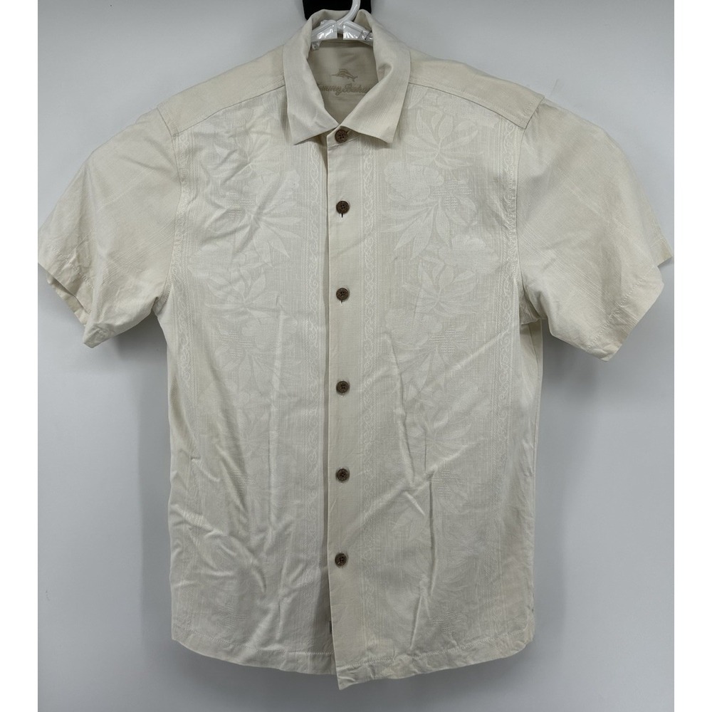 Tommy Bahama Short Sleeve Silk Shirt Cream On Cream Floral Men's Small
